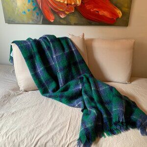 Vintage Scottish Wool Throw Blanket – Blue & Green Tartan